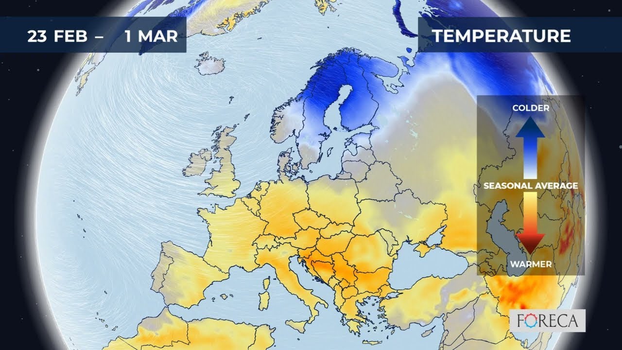 Monthly temperature forecast for Europe 18/2/2026