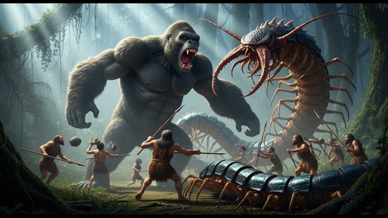 survival | king kong and a group of homo habilis fighting a giant centipede