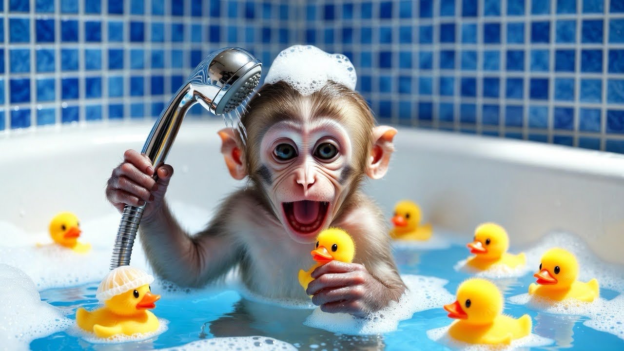 Baby Monkey goes to the toilet and plays with Ducklings in the Swimming Pool | Monkey Funny Video