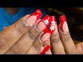 Red hand drawn🌹 French tip Medium acrylic nails with 3d flower charms|Anisa Green💮