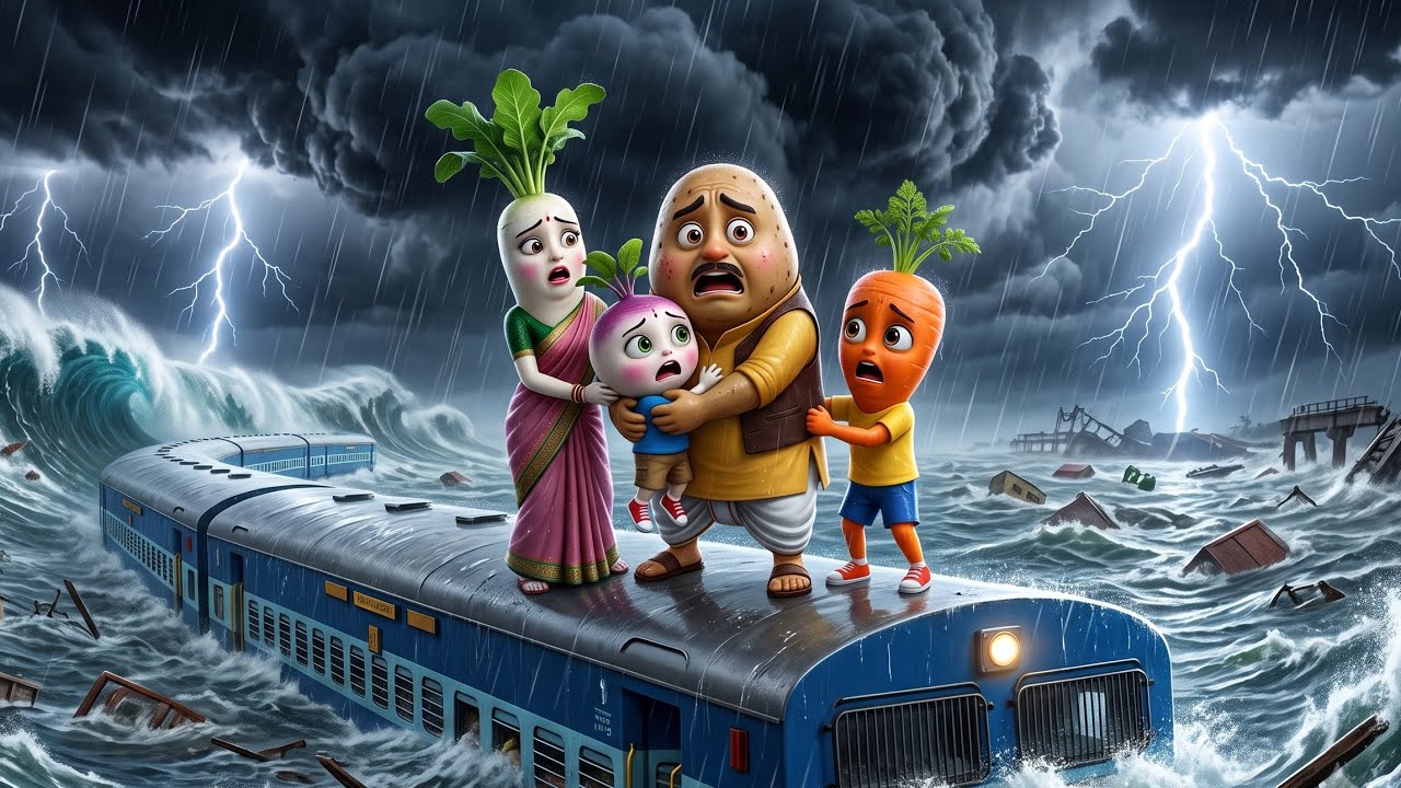 नाना-नानी के घर जा रहा था आलू का परिवार, ट्रेन में आ गई भयानक बाढ़! 🌊🚂 | Emotional Vegetable Story
