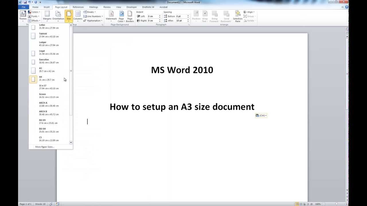 Ms Word 2010 A3 Size Document Setup Youtube