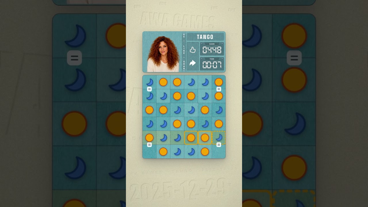 LinkedIn Tango #448 solved board for December 29, 2025, 6x6 grid
