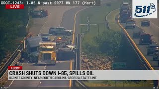 Early morning crash causes oil spill, closing all lanes on I-85 South in Oconee Co.