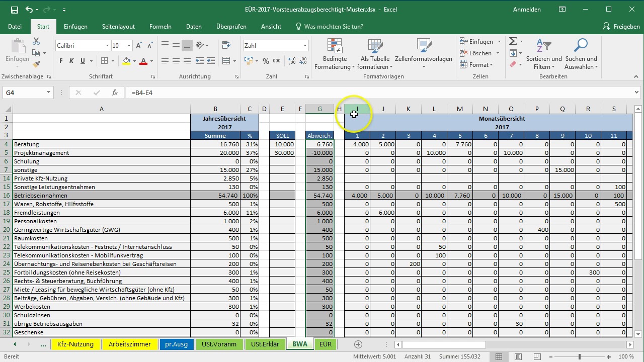 Excel-Vorlage-EÜR: SOLL-IST-Vergleich einfügen - YouTube