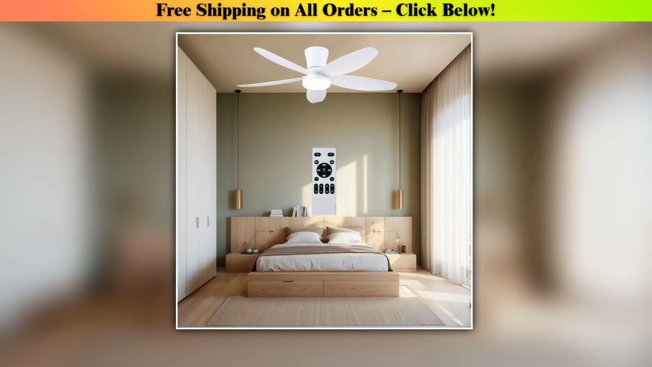 Low-profile ceiling fan with light and remote control, dimmable and silent, suitable for bedrooms