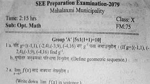 Latest Opt.Math Question for SEE 2079:SEE Preparation Exam 2079, Mahalaxmi Municipality