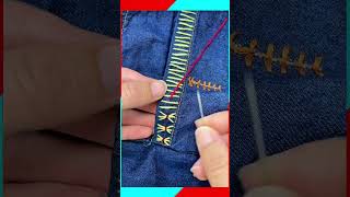 Creative hand embroidery stitch technique to decorate and fix denim jeans pockets#Embroidery #Sewing
