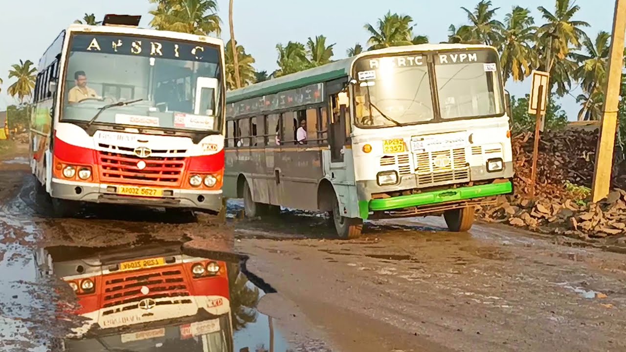 Slow Driving of Bus in pothole | Bus video | APSRTC bus driving difficulties in my village