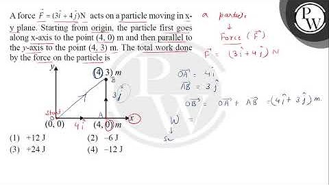 A force \( \vec{F}=(3 \hat{i}+4 \hat{j}) \mathrm{N} \) acts on a particle moving in \( \mathrm{x....