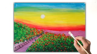 Sunset landscape painting in spring// Mountain Sunset view