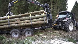 Logging with new Valtra A124 forestry tractor, fully loaded Palms trailer and crane 7,86