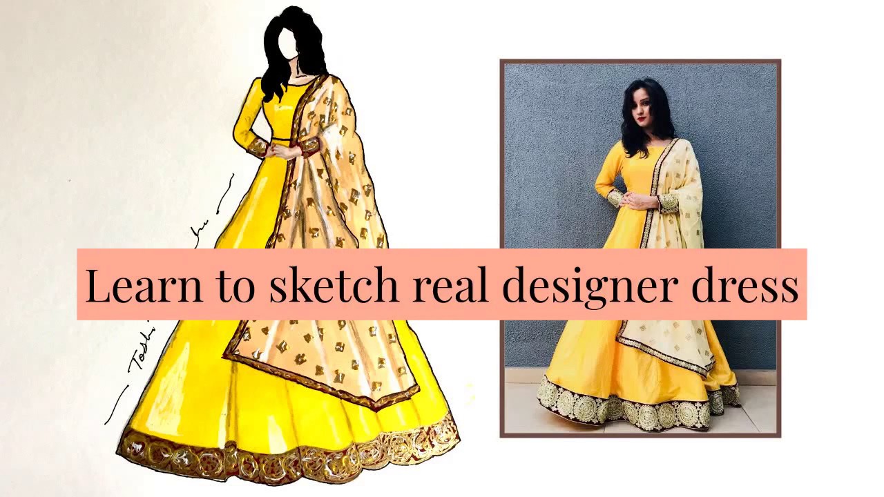 How to sketch real designer dress । Haldi dress for bride । Toshi ...