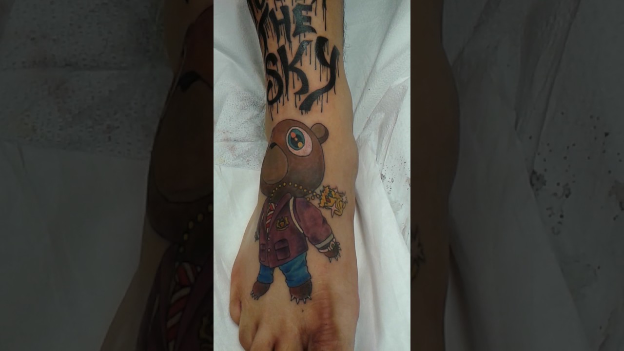 Freshly done College Dropout bear tattoo. Now I've got 2 of my favourite  artists on me. 🙌🏻 : r/Kanye