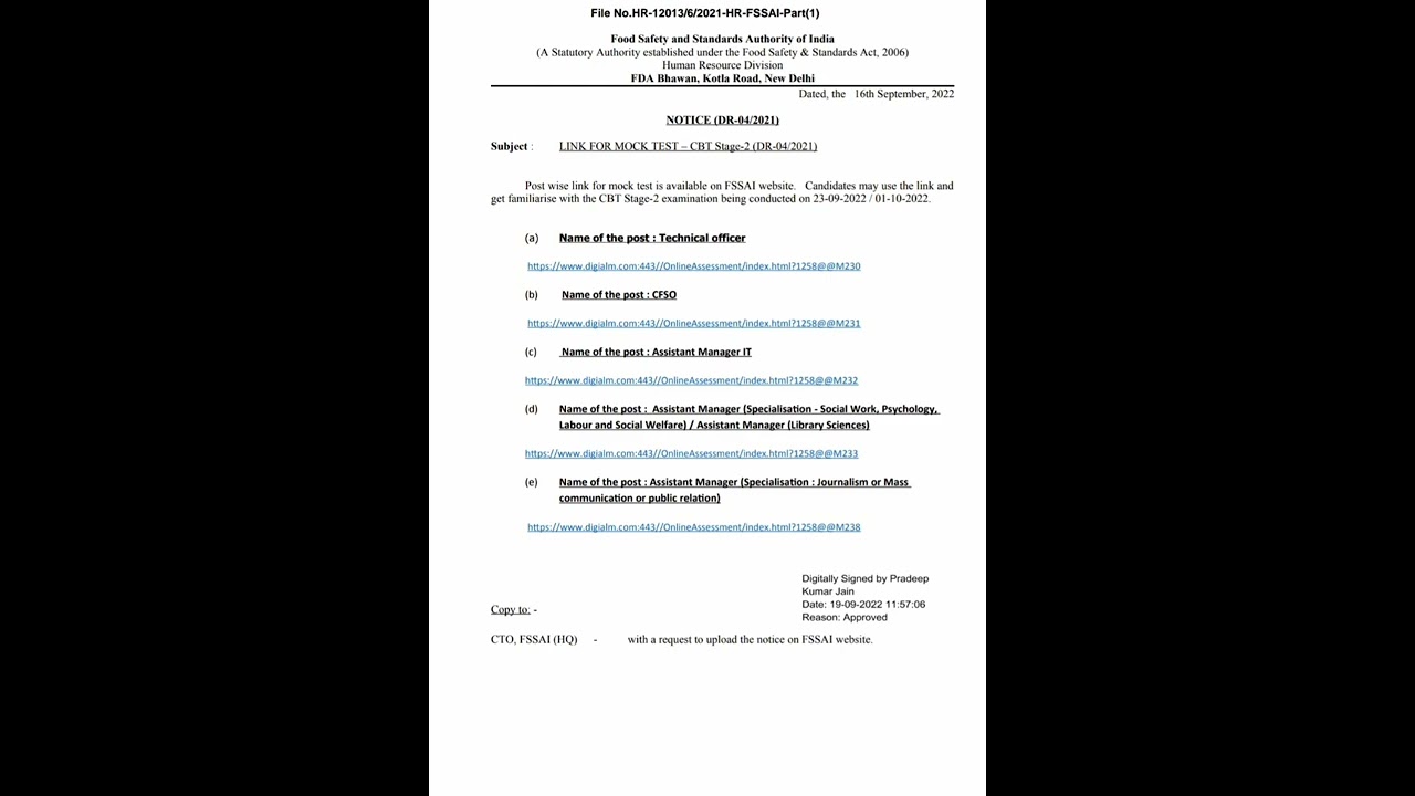 FSSAI TO/CFSO Exams- Official Mock Test Link 2022