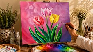 DIY - How to Paint Colorful Tulips with Acrylics | Easy Step-by-Step Flower Painting Tutorial