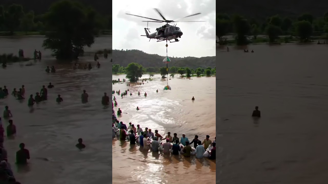 Army Helicopter Delivers Lifesaving Food to Flood Victims Holding Bags in the Rising Waters
