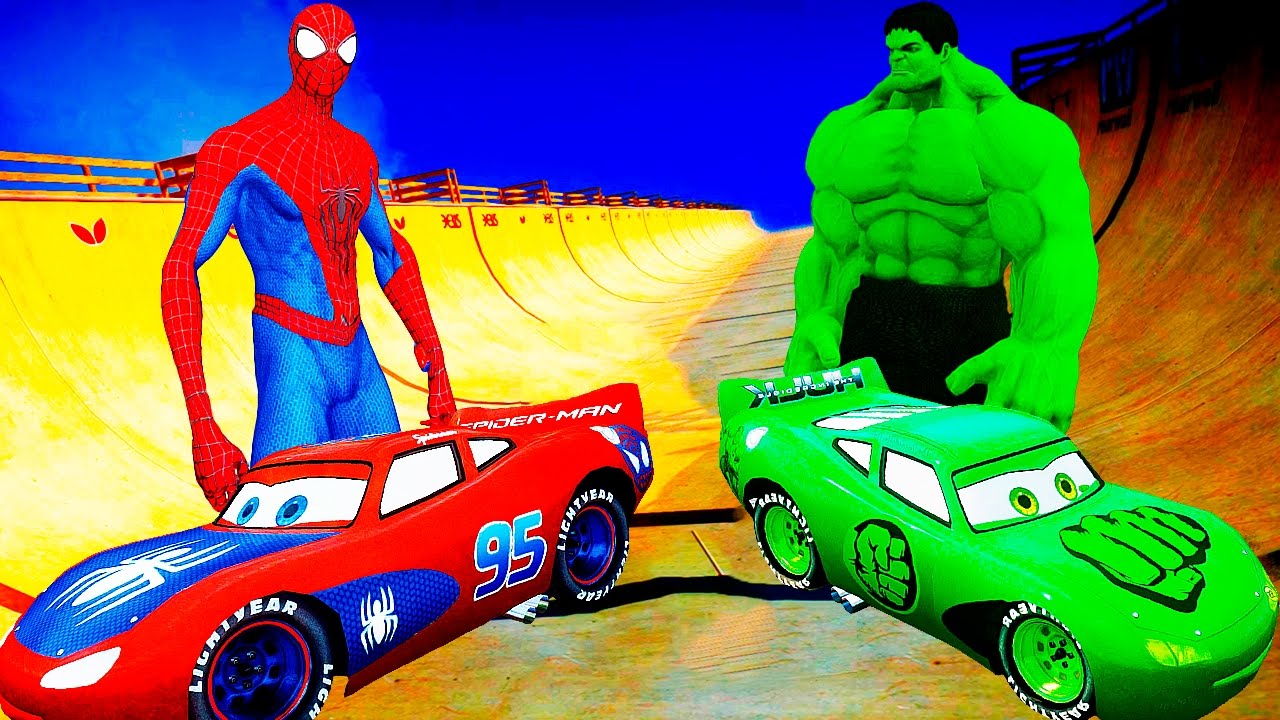 Hulk And Spider Man Ride On Cars And A Motorcycle Funny And