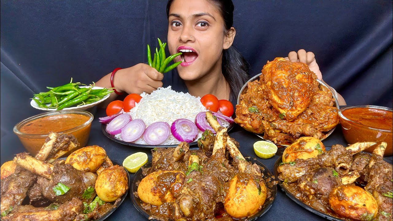 Eating Spicy Mutton Bhuna With Egg Curry Spicy Whole Chicken Curry Basmati Rice Chilli Salad Eating