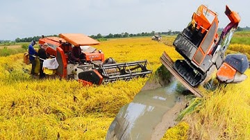 Máy cắt lúa kubota DC93 qua cầu, cấm đầu, sụp hầm, đất dẻo, vuông tôm