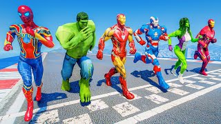 TEAM IRONMAN VS HULK ARMY | ALL SUPERHEROES Street Running Challenge (Funny Contest)  GTA V MODS