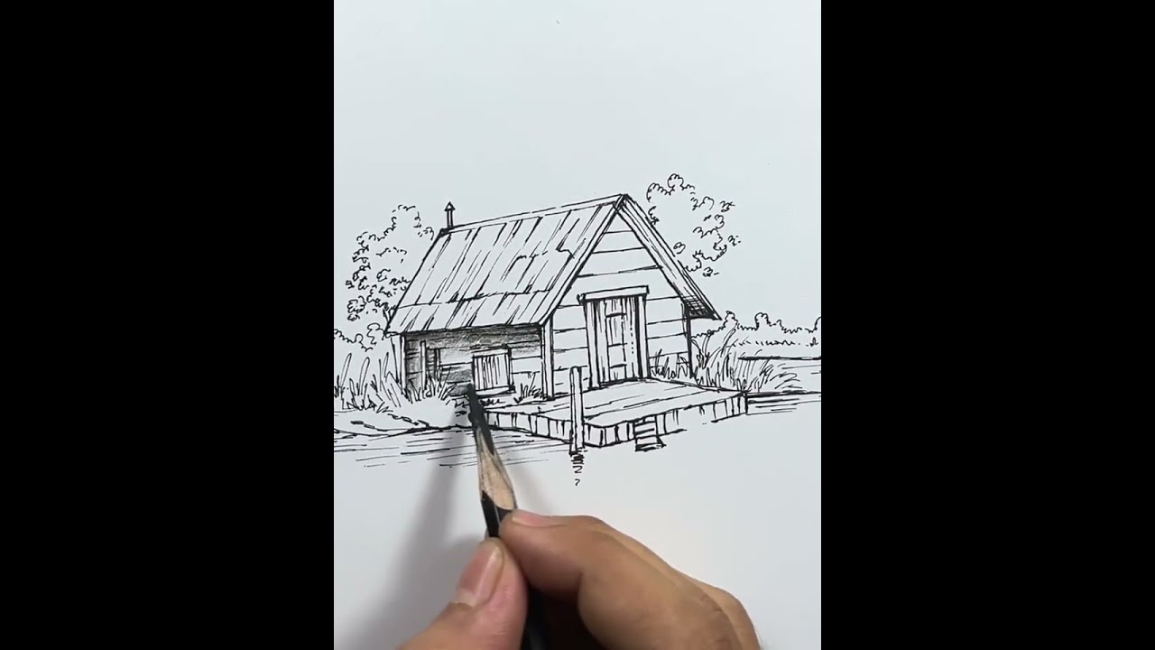Cabin in The woods with Boat || Relaxing Art ASMR || Charcoal Drawing Tutorial #42