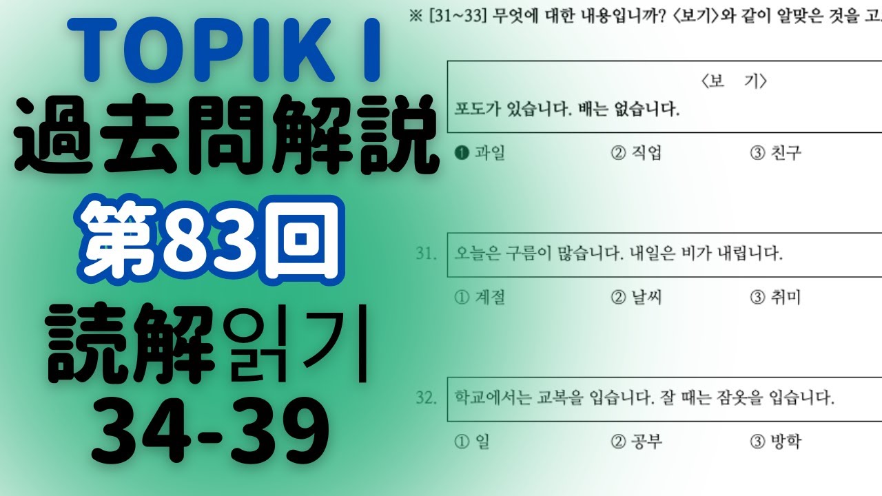 日本語でTOPIK I 過去問解説] 第83回읽기(読解)34-39 - YouTube