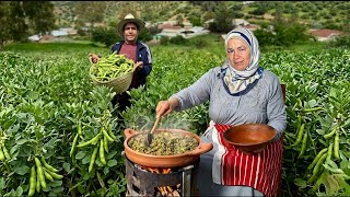 الفول الطازج من حقل القرية 🌿 | طبخ تقليدي على نار الحطب🔥