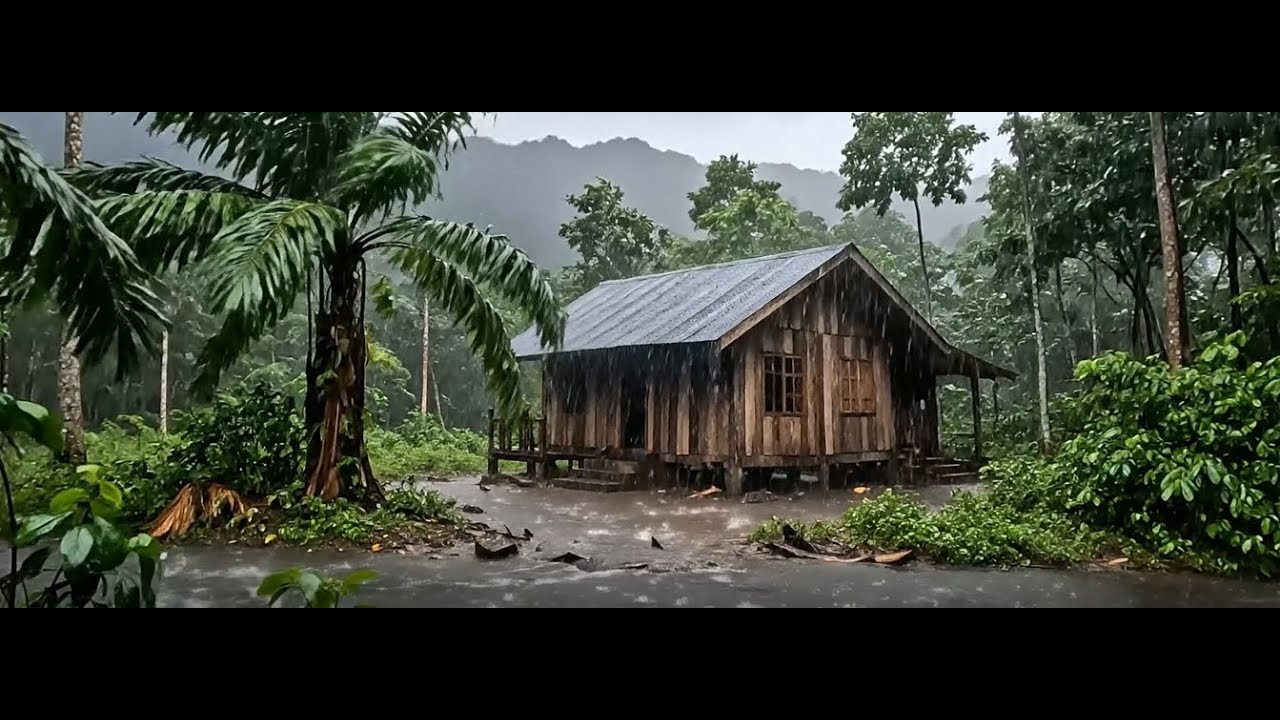 Rainstorm in Jungle Cabin with River Sounds | 4K Sleep & Relax LIVE