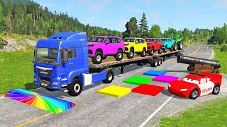 Triple Flatbed Trailer McQueen Transportation with Truck - Speedbumps vs Cars vs Train - BeamNG