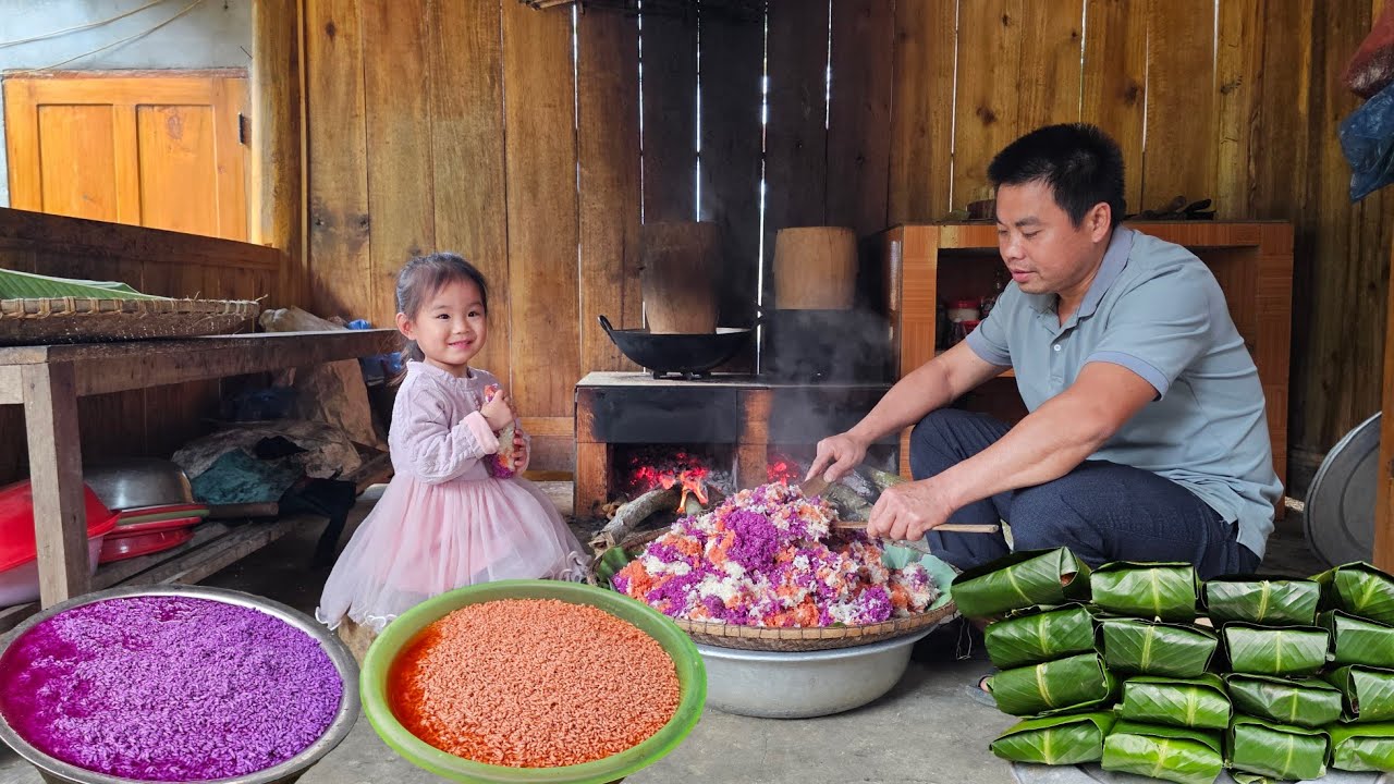 Colored Rice Cooking The process of making five-colored sticky rice to bring to the market ...
