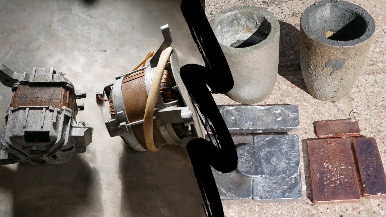 Aluminium und Kupferbarren Gießen aus alten Waschmaschinenmotoren