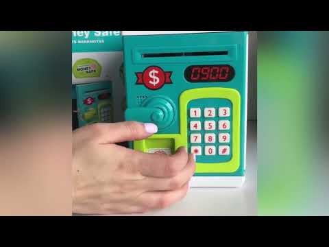 Скарбничка сейф дитяча з кодовим замком відбитком пальця та купюроприймачем для паперових грошей та монет блакитний, видео 1