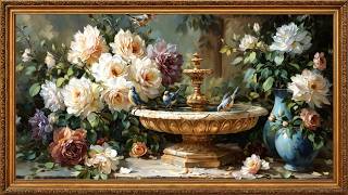 Vintage Gold Tv frame Royal Floral Garden painting | Peonies & Gold Fountain | TV Art Screensaver 4K screenshot 2