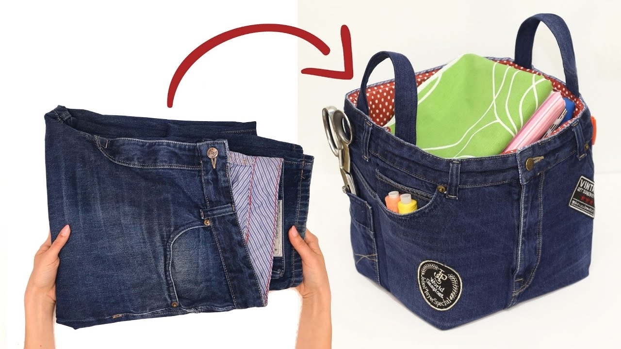 Как сшить большую сумку/органайзер/коробку из старых джинсов и остатков ткани!