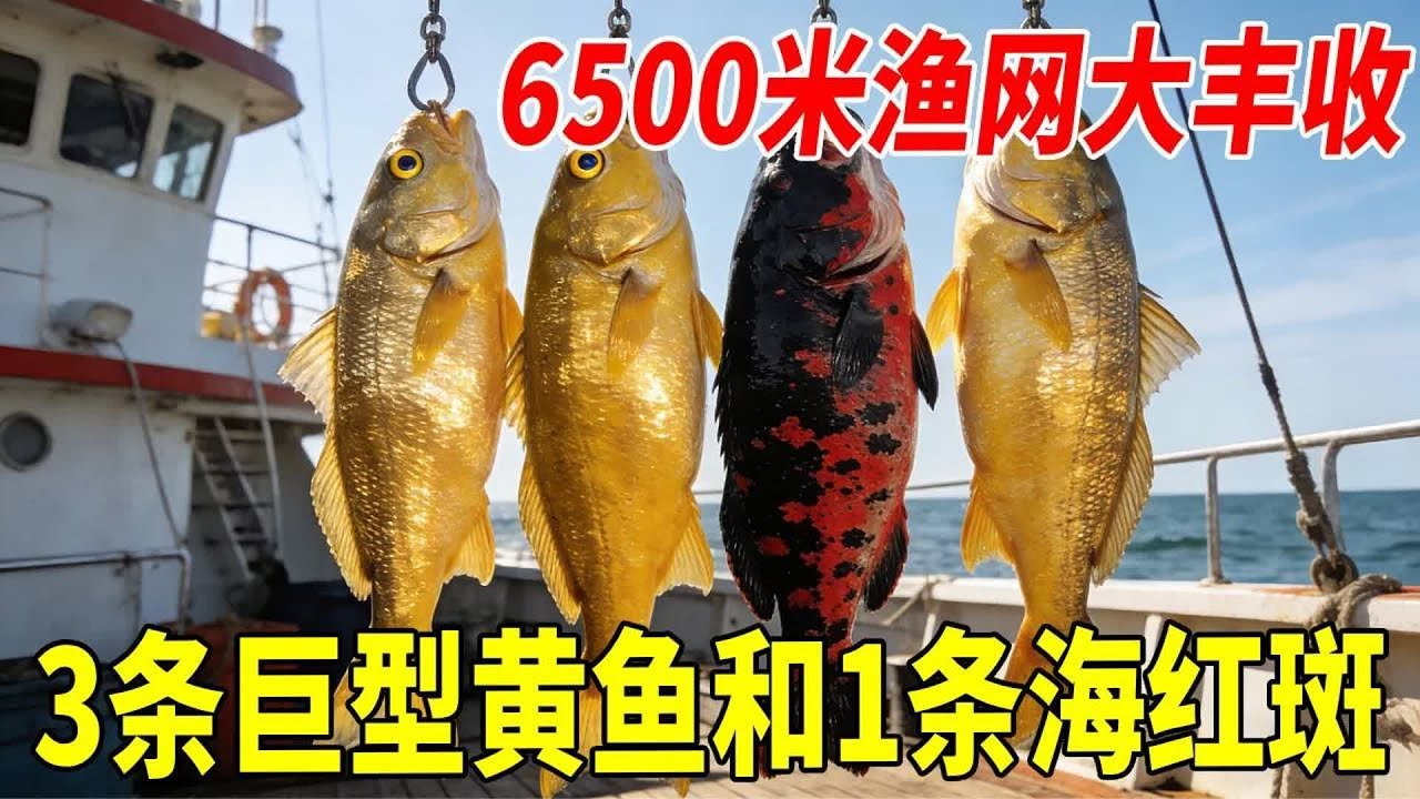 6500米渔网收获3条大黄鱼，还有一条海红斑，看下能卖多少钱#赶海 #捕鱼
