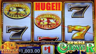 BOOM! My BIGGEST WIN EVER on GOLD INFERNO! Top Notch Clover + 3 Reel Rakin Bacon Slots! #slots