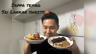 Japanese boyfriend trying Sri Lankan traditional sweets.