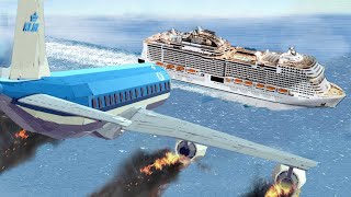 Airplane Crashes Into Big Ship After Engine Exploded - Emergency Landings On Water