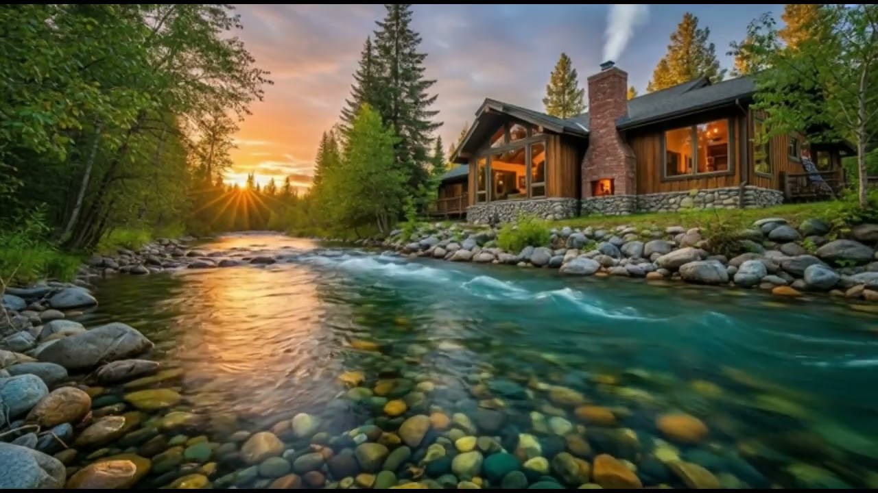 Relaxing song am music stress Beautiful nature, flowing water, houses near the lake.