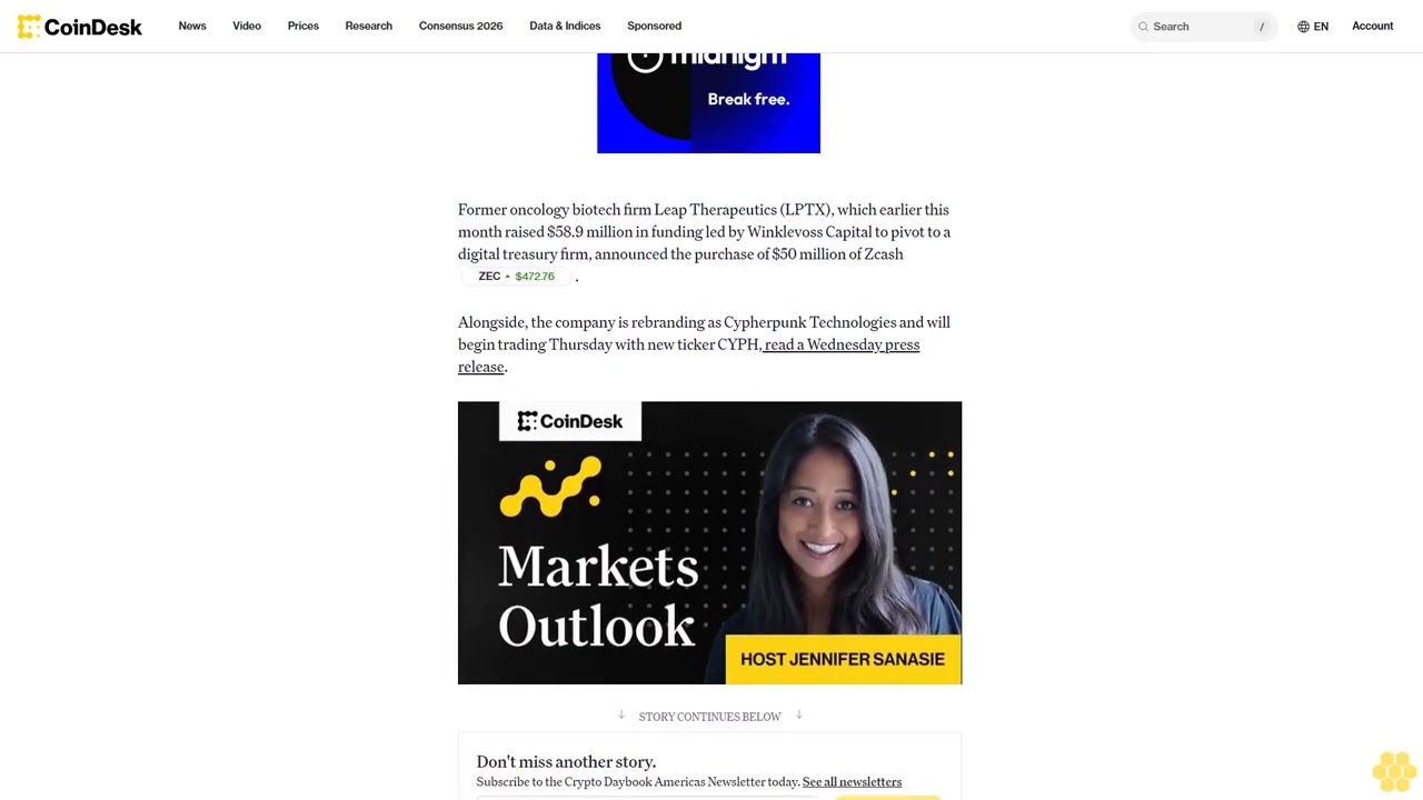Leap Therapeutics подскочила на 300% благодаря ставке на Zcash в размере 50 миллионов долларов, п...