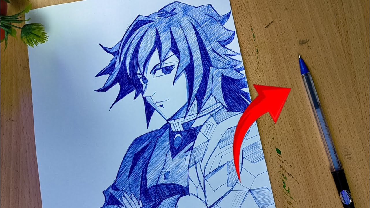 How to draw Giyu Tomioka in different level With Ball pen 🖊️ 