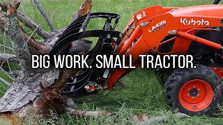 #101 Grapple work with the Kubota B2601, Land Pride SGC0660 Grapple, and FDR1660 Finish Mower.