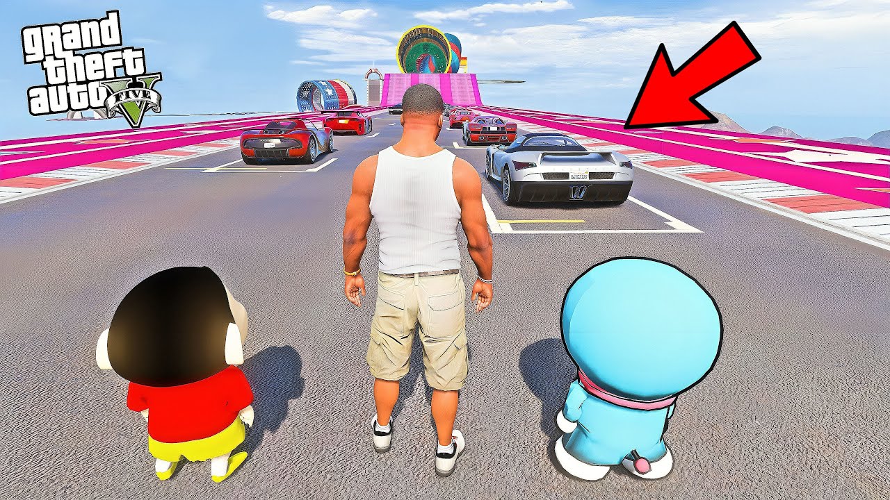 SHINCHAN 😂 AND FRANKLIN TRIED ! IMPOSSIBLE WATER RAMP 🛳️ CAR JUMP 🚗 CHALLENGE IN GTA 5 - IN TELUGU