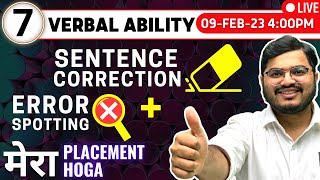 🛑 Lecture 7 - Sentence Correction + Error Spotting | Verbal Ability| Mera Placement Hoga |