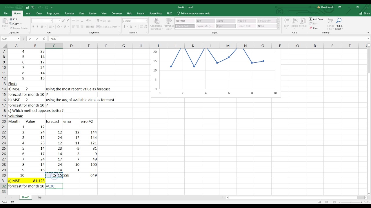 Calculate MSE on Excel to diagnose forecast accuracy YouTube