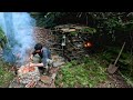 7 days solo survival camping in heavy rain thunder  bushcraft building stone house fireplace