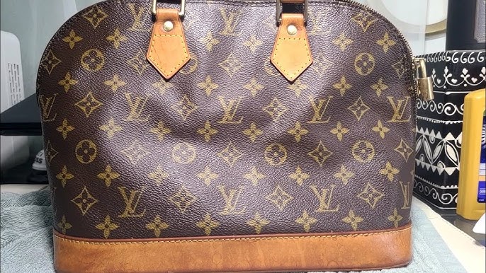 Refinished the leather on my vintage Louis Vuitton Alma bag and hand  painted it with a red-pink that I am in LOVE with. Covered all the stains  and scuffs and looks brand