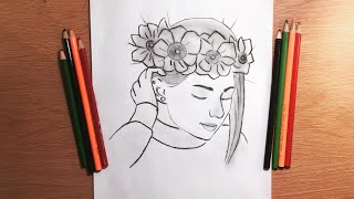 رسم سهل | رسم بنت ترتدي طوق ورد draw girl wearing a flower colling