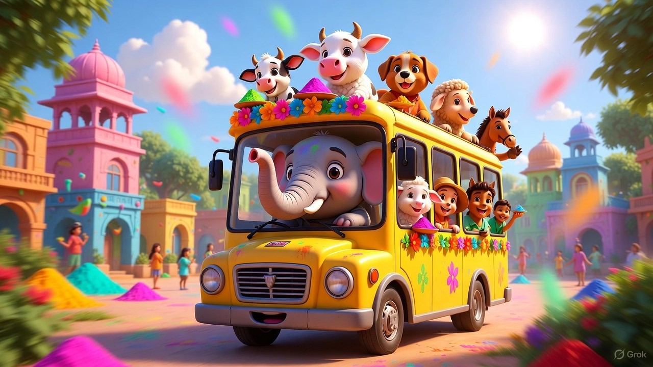 Wheels on the Bus 🚌 Holi Colors Festival  Kids Cartoon Animal Song 🌈